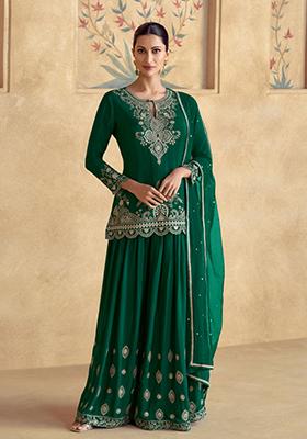 Green Embroidered Velvet Palazzo Set