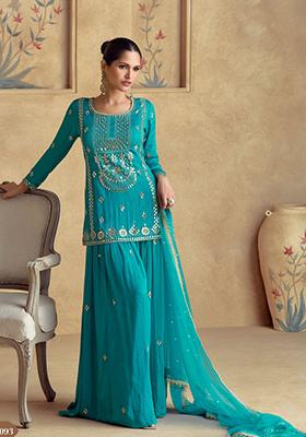 Blue Embroidered Roman Silk Palazzo Set