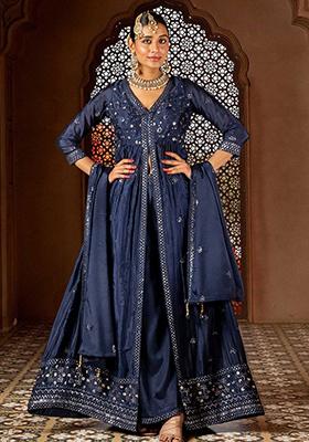 Blue Embroidered Roman Silk Anarkali Set
