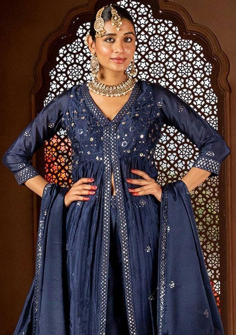 Blue Embroidered Roman Silk Anarkali Set - Indya
