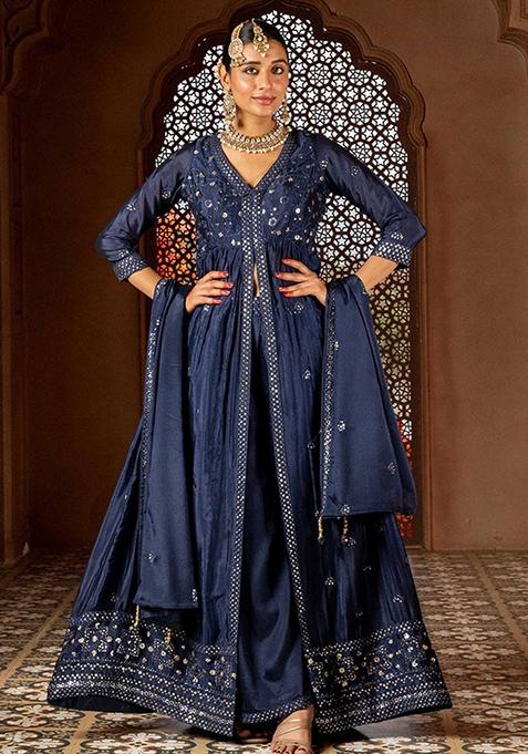 Blue Embroidered Roman Silk Anarkali Set