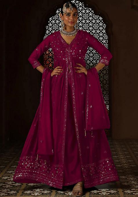 Pink Embroidered Chanderi Anarkali Set