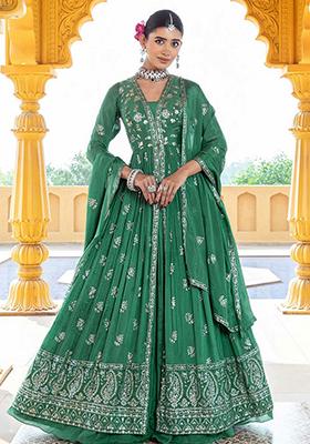 Green Embroidered Chanderi Anarkali Set