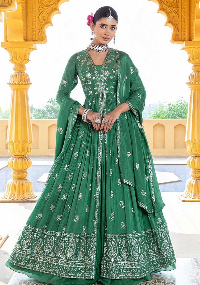 Green Embroidered Chanderi Anarkali Set