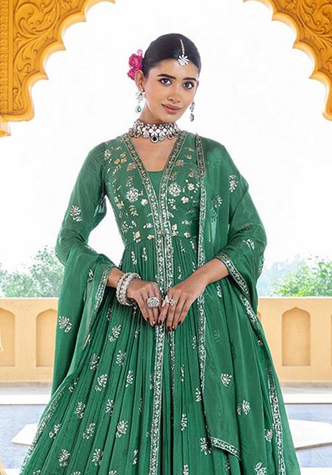 Green Embroidered Chanderi Anarkali Set