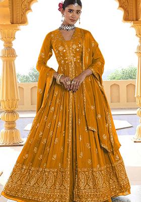 Mustard Yellow Embroidered Chanderi Anarkali Set