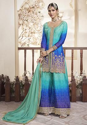 Turquoise Blue Embroidered Chanderi Palazzo Set