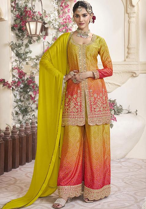 Lime Yellow Embroidered Chanderi Palazzo Set