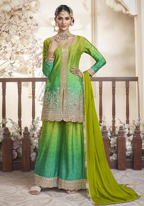 Olive Green Embroidered Chanderi Palazzo Set