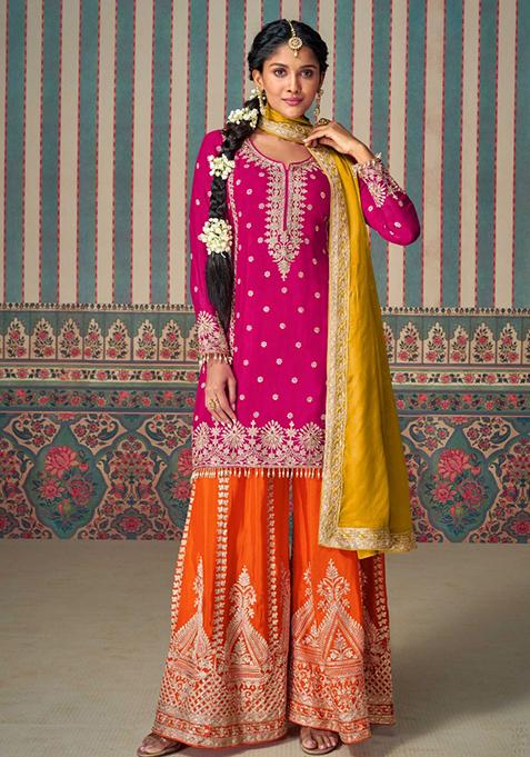 Pink Embroidered Chanderi Palazzo Set
