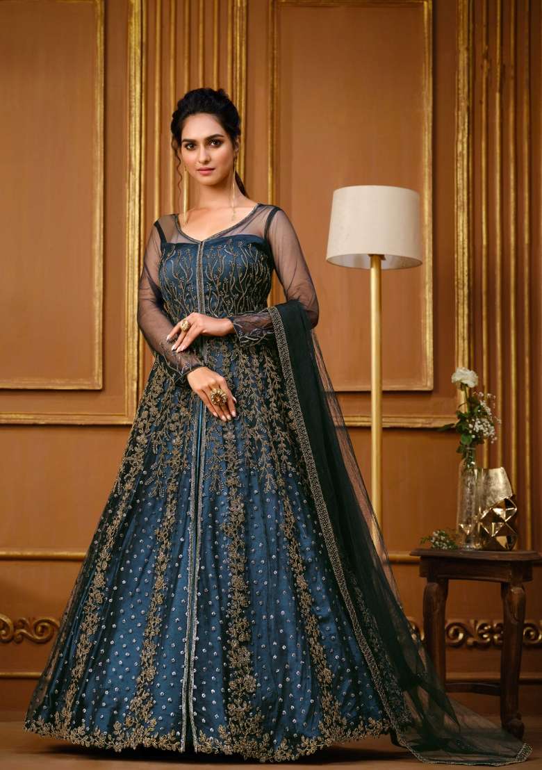 Blue Embroidered Georgette Anarkali Set - Indya