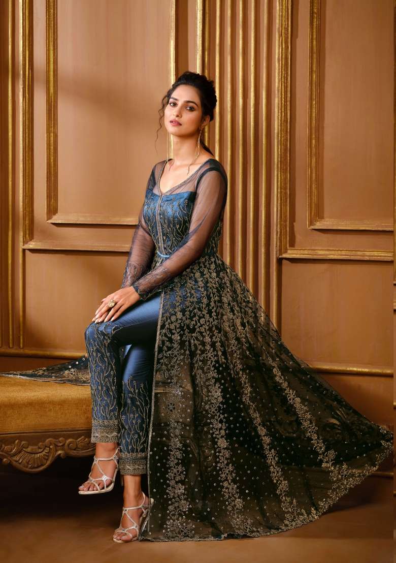 Blue Embroidered Georgette Anarkali Set - Indya