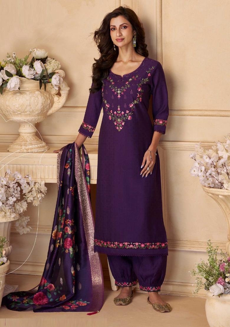 Purple Embroidered Velvet Salwar Kameez