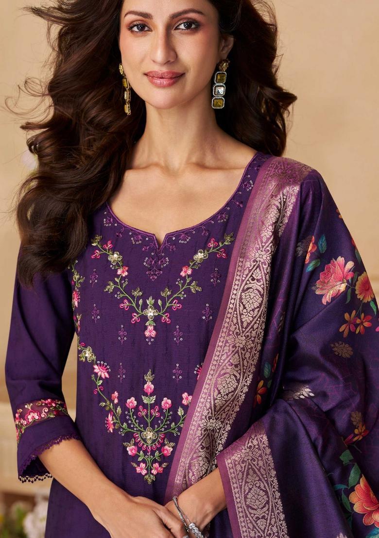 Purple Embroidered Velvet Salwar Kameez