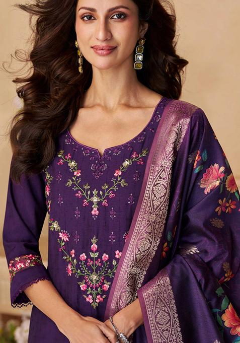 Purple Embroidered Velvet Salwar Kameez