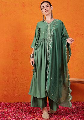 Green Zari Embroidered Chanderi Salwar Kameez