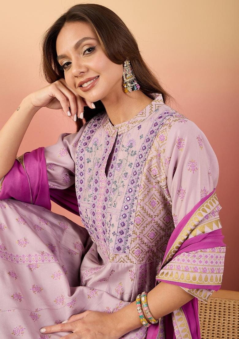 Lavender Zari Embroidered Roman Silk Salwar Kameez - Indya