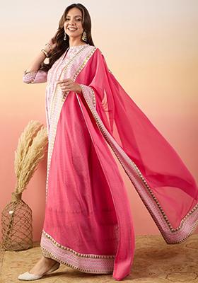 Pink Zari Embroidered Roman Silk Salwar Kameez
