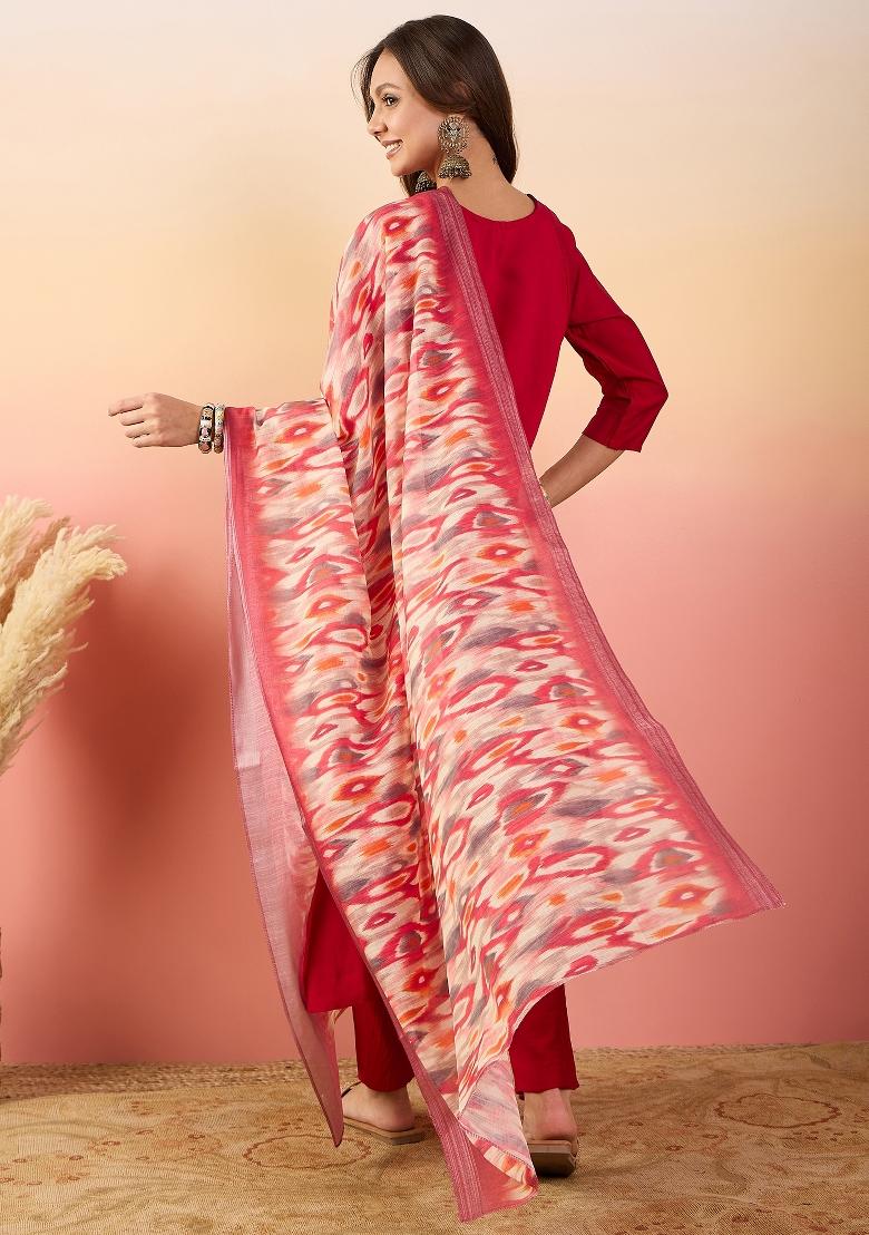 Red Embroidered Roman Silk Salwar Kameez