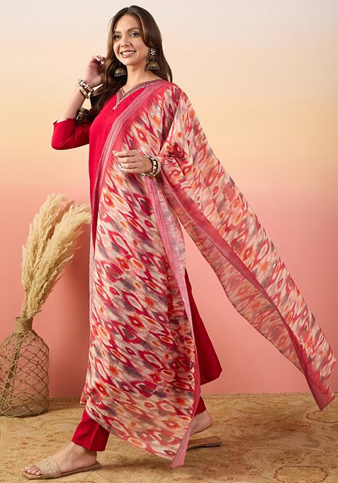 Red Embroidered Roman Silk Salwar Kameez