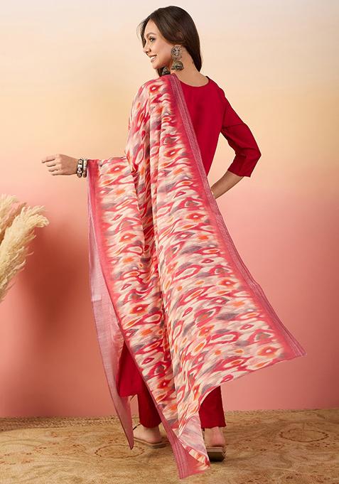 Red Embroidered Roman Silk Salwar Kameez