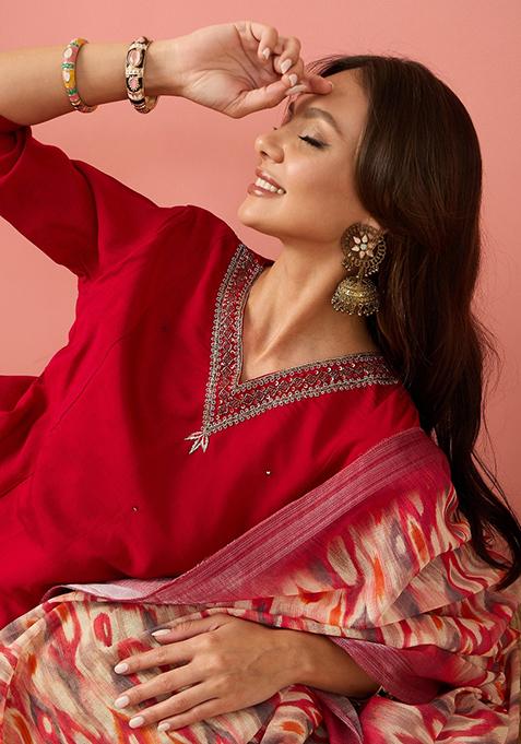 Red Embroidered Roman Silk Salwar Kameez