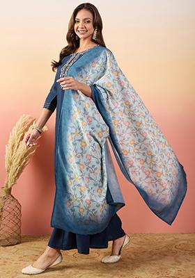 Blue Embroidered Roman Silk Salwar Kameez
