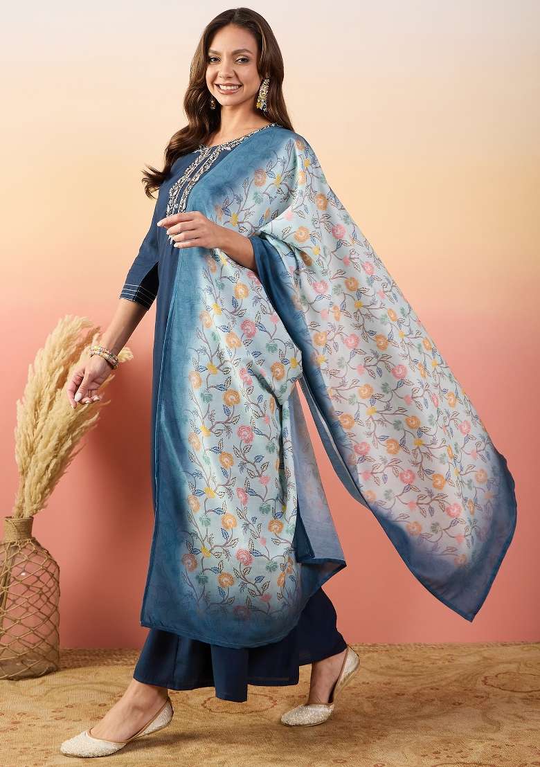Blue Embroidered Roman Silk Salwar Kameez - Indya