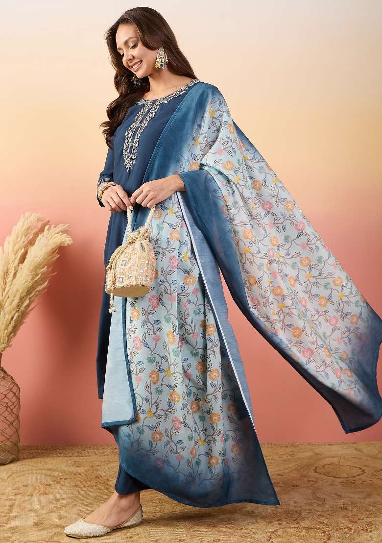 Blue Embroidered Roman Silk Salwar Kameez - Indya