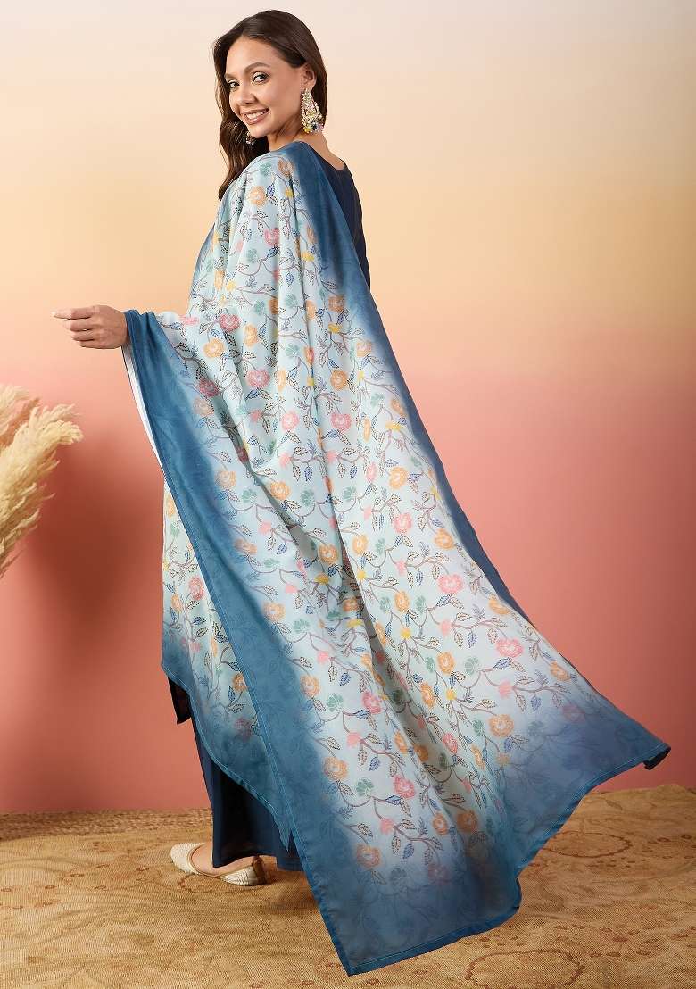 Blue Embroidered Roman Silk Salwar Kameez - Indya