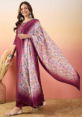 Maroon Embroidered Roman Silk Salwar Kameez