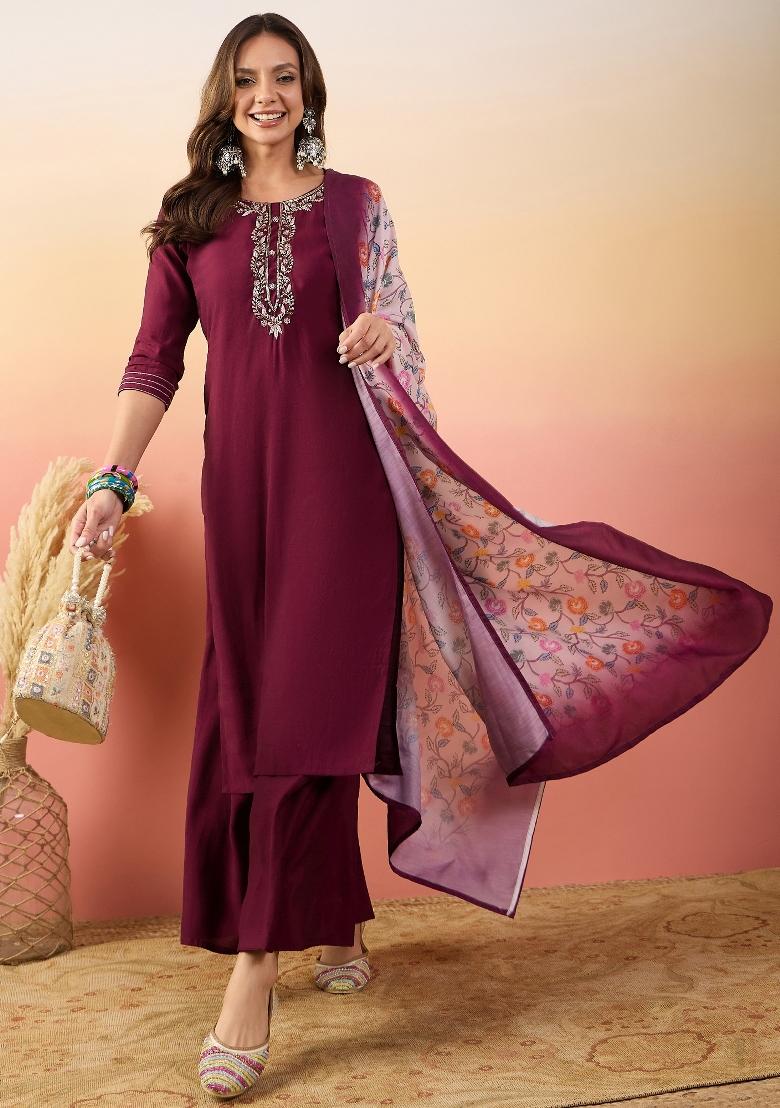 Maroon Embroidered Roman Silk Salwar Kameez