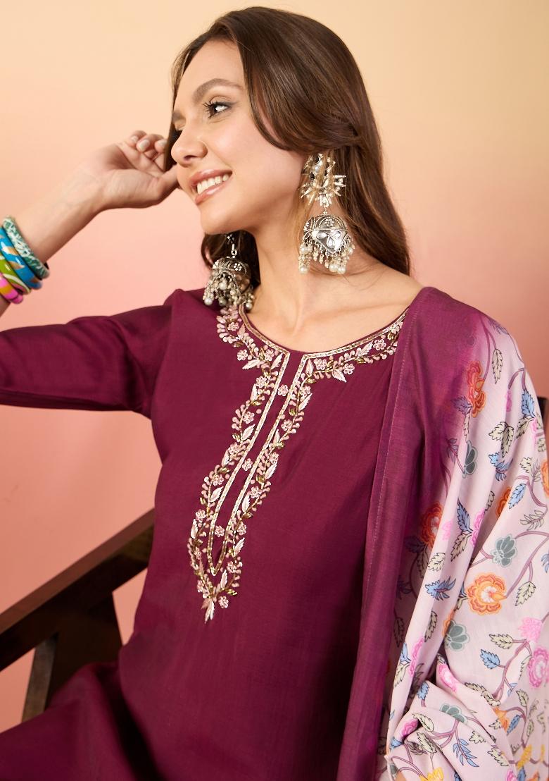 Maroon Embroidered Roman Silk Salwar Kameez