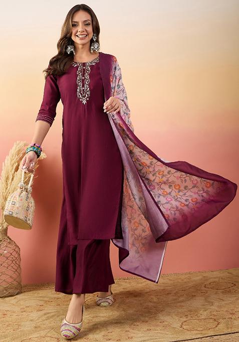 Maroon Embroidered Roman Silk Salwar Kameez