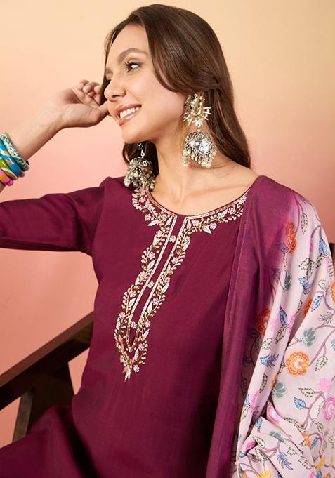 Maroon Embroidered Roman Silk Salwar Kameez