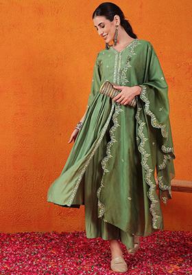 Green Zari Embroidered Chanderi Salwar Kameez