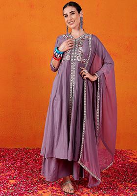 Lavender Embroidered Roman Silk Salwar Kameez