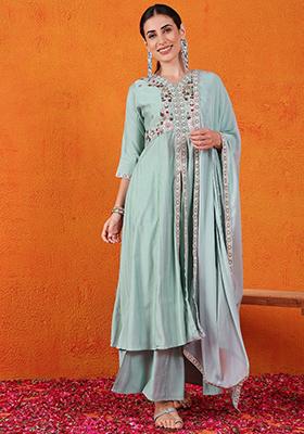Blue Embroidered Roman Silk Salwar Kameez