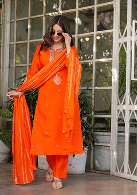 Orange Zari Embroidered Jacquard Salwar Kameez
