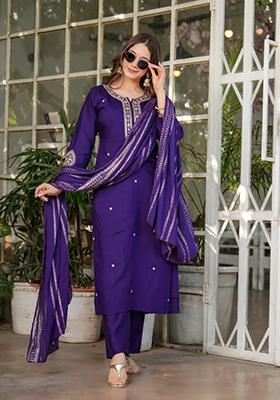 Purple Zari Embroidered Jacquard Salwar Kameez