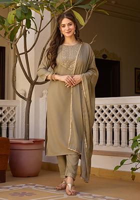 Cream Zari Embroidered Chinon Salwar Kameez