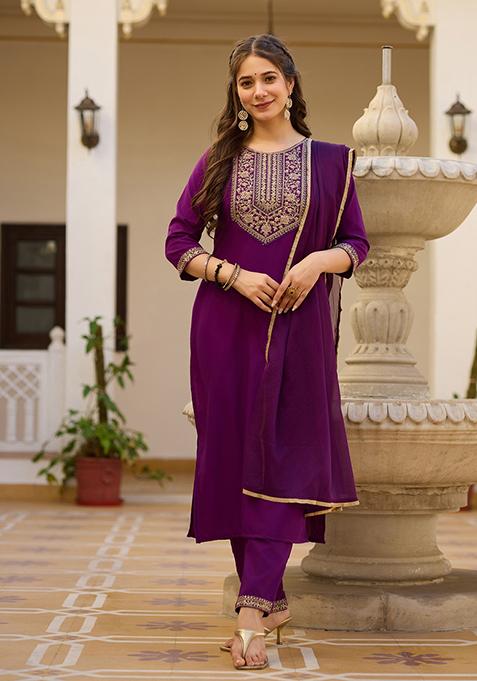 Wine Zari Embroidered Chinon Salwar Kameez