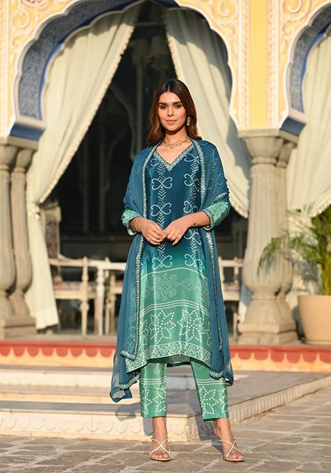 Rama Green Zari Embroidered Chinon Salwar Kameez
