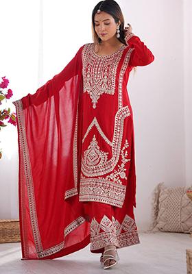 Red Embroidered Velvet Salwar Kameez