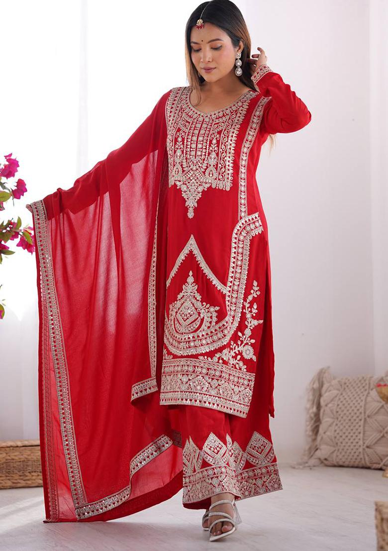 Red Embroidered Velvet Salwar Kameez