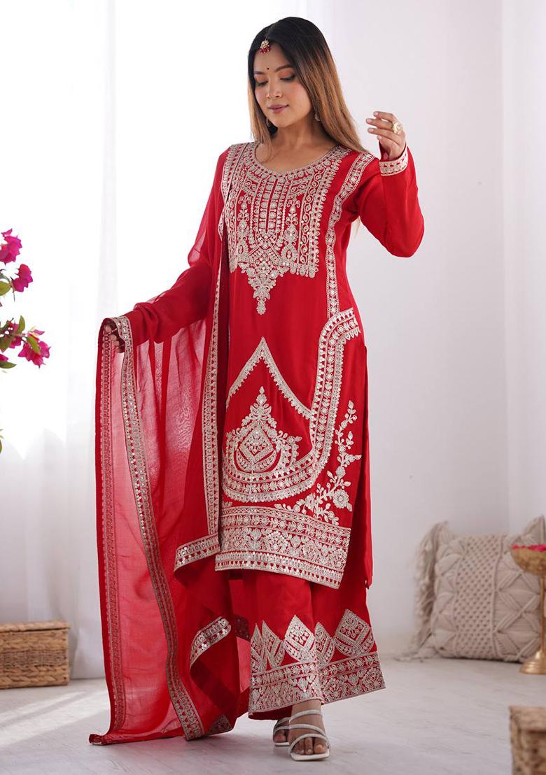 Red Embroidered Velvet Salwar Kameez
