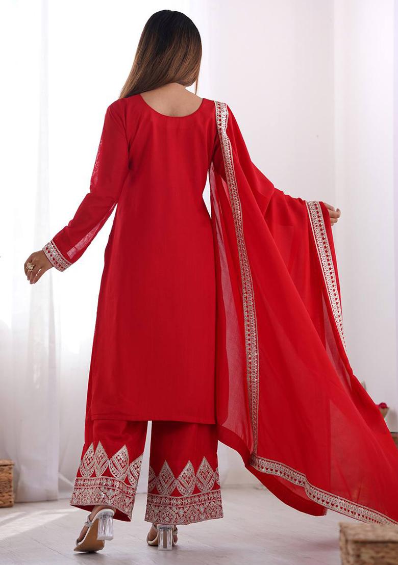 Red Embroidered Velvet Salwar Kameez