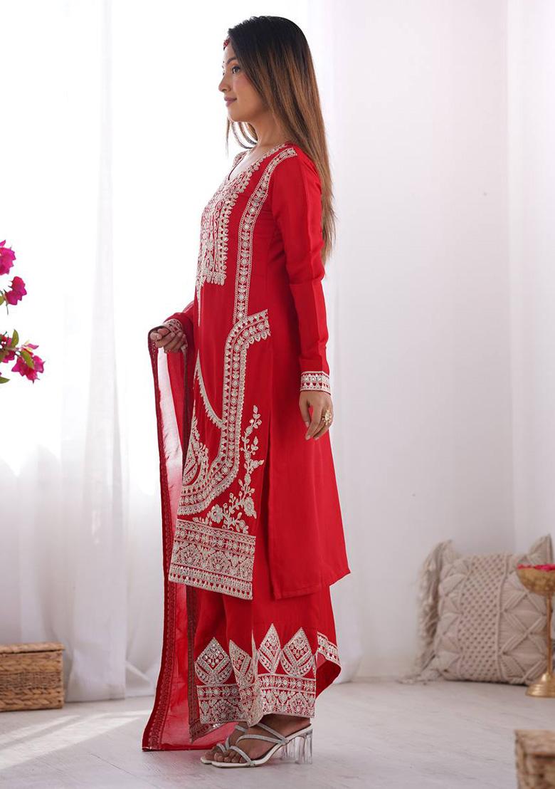 Red Embroidered Velvet Salwar Kameez