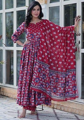 Red Printed Roman Silk Salwar Kameez