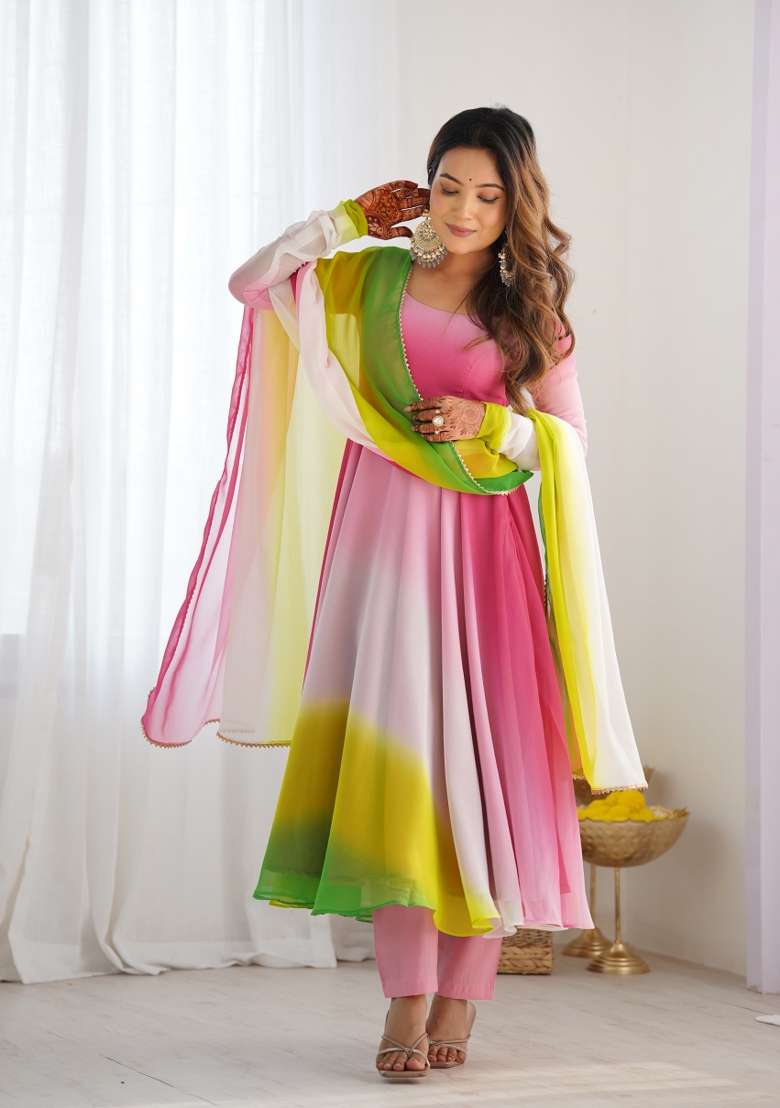Multicolor Solid Georgette Anarkali Set - Indya